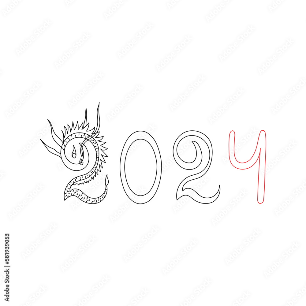 Obraz premium 2024 year concept. Numbers with a silhouette of a dragon. Handwritten. Sketch. Happy Chinese Dragon Year. Vector illustration in minimalist style.