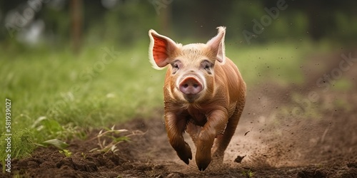 Adorable pig frolicking outdoors © Brian