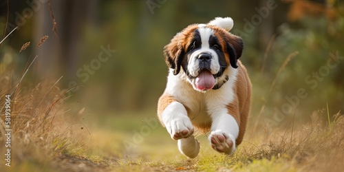 Adorable Saint Bernard puppy frolicking outdoors photo