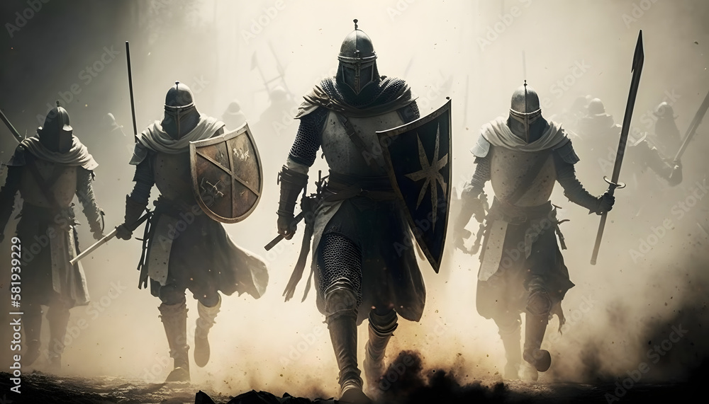 Medieval knights in an epic battle. Generative AI Stock Illustration ...