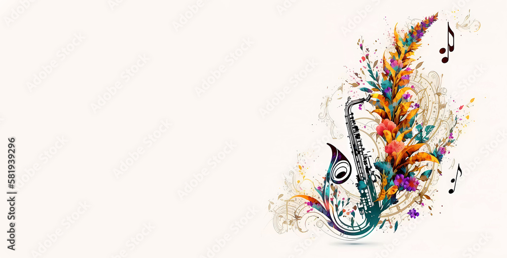 Saxophone in flowers. Splash. Watercola. Banner. Isolate. Copy space. AI generated Saxophone in flowers. Splash. Watercola. Banner. Isolate. Copy space. AI generated