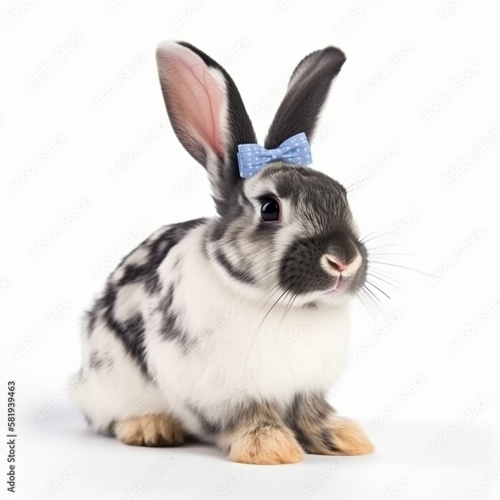 An isolated rabbit with a polka dot bow on white background Generative AI