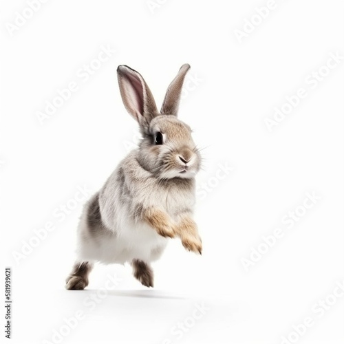 An isolated playful rabbit jumping on white background Generative AI