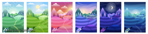 Countryside change of time of day. Collection of hill landscapes with trees. Summer or spring season. Sunset and night, daytime circle. Cartoon flat vector illustrations isolated on white background