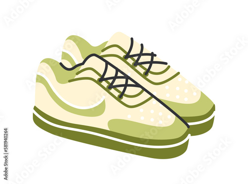 Fashion women clothes. Colorful doodle sticker with stylish casual shoes. Trendy sports sneakers for girls. Modern comfortable footwear. Cartoon flat vector illustration isolated on white background