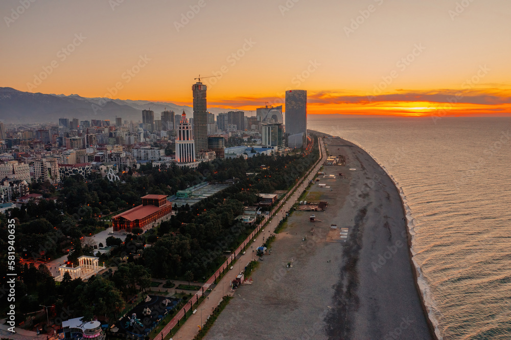 Drone aerial panoramic view of evening sinset at modern part of Batumi City, Georgia