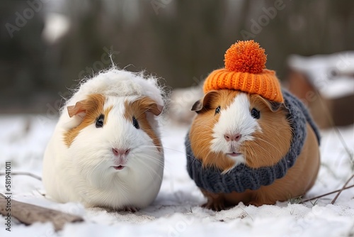 Lovely guinea pig wearing a knit hat alongside a cute snowman in winter clothing. Generative AI