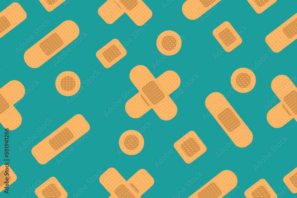 Seamless pattern with realistic medical plaster of various shapes. Repeatable background with different elastic band aids. First aid bandages. Flat vector cartoon illustration