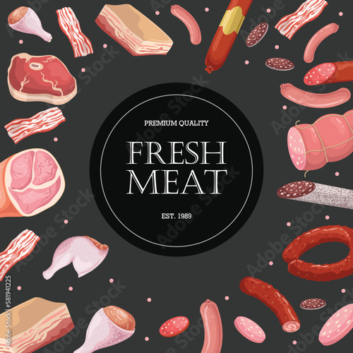 Fresh meat banner template. Butcher shop, fresh farm market goods. Best for advertising, promotion posters and packaging designs. Vector illustration.
