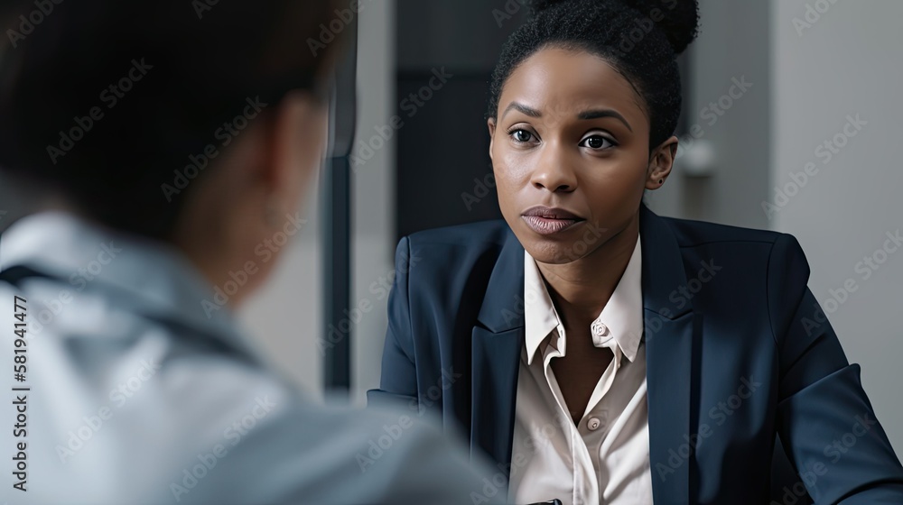 Black woman job interview. Professional meeting, businesswoman in an office. Generative AI illustration.