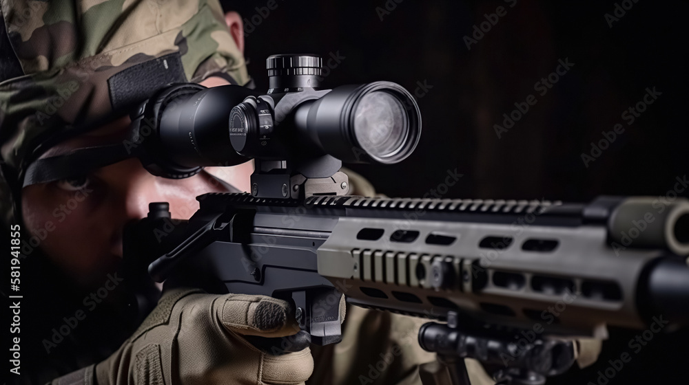 Sniper in which aiming from his rifle. sniper during the military operation. rifle target view on war zone Background. digital ai art Sniper in which aiming from his rifle. sniper during the military operation. rifle target view on war zone Background. digital ai art