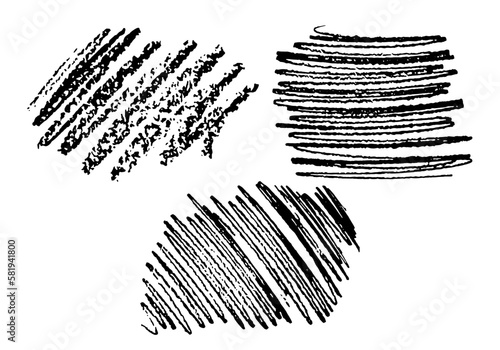 Chalk and pencil monochrome strokes isolated on white background. Charcoal or pastel streak and stain  for banner, border, text box, backdrop or other design. Vector illustration. Set.