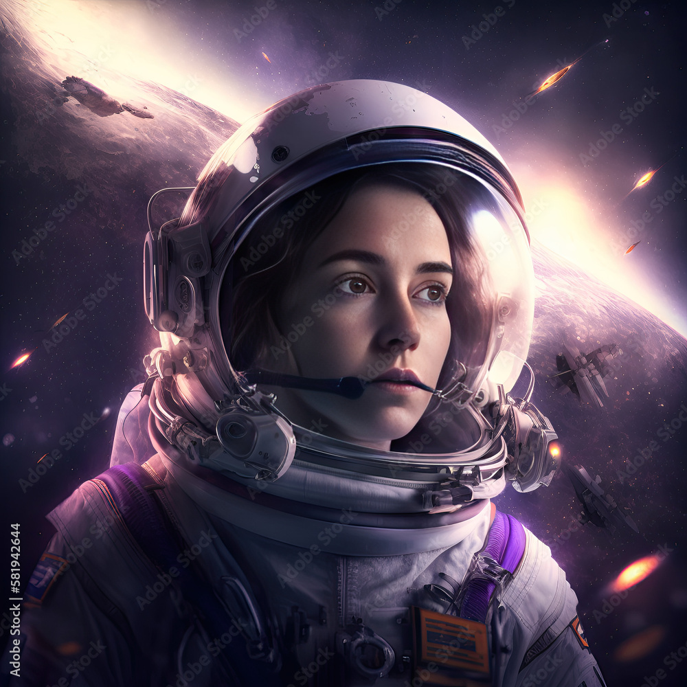 Woman astronaut in helmet and spacesuit floating in outer space against the backdrop of the planet and sunlight. AI generated Woman astronaut in helmet and spacesuit floating in outer space against the backdrop of the planet and sunlight. AI generated