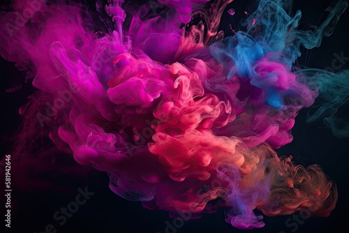 neon vapor Abstract backdrop with color. splashes of paint in water psychic aura. Bright magenta, pink, and purple steam merge on a dark background. Generative AI