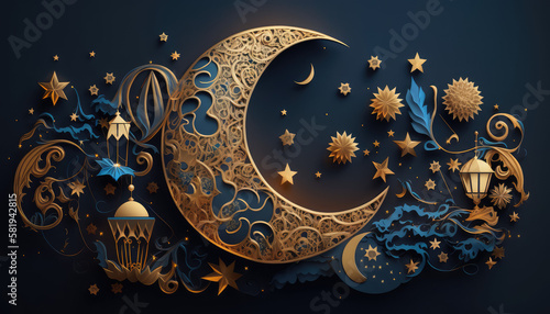 Ramadan Kareem 2023 new background image Islamic concept for greeting card, banner Golden, blue, yellow half-moon with pattern, lantern light decoration, stars Flatly on dark background AI generative