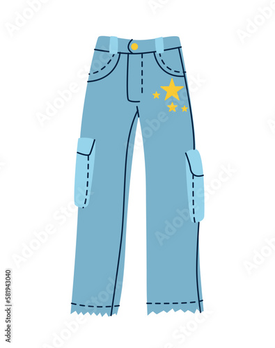 Fashion women clothes. Doodle sticker with jeans with pockets and print. Stylish trousers or denim pants. Trendy Basic Female Garment. Cartoon flat vector illustration isolated on white background
