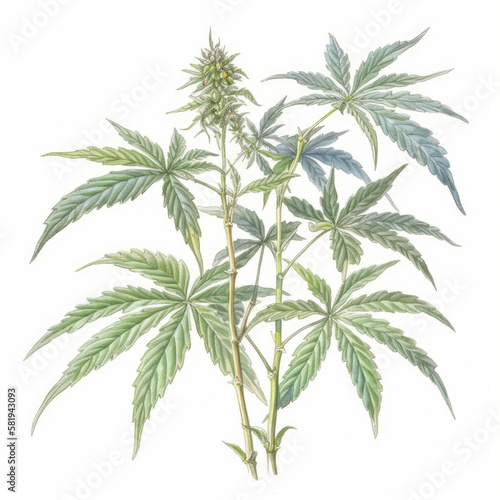 A digital watercolor of a hemp leaf with plain background. Generative AI.