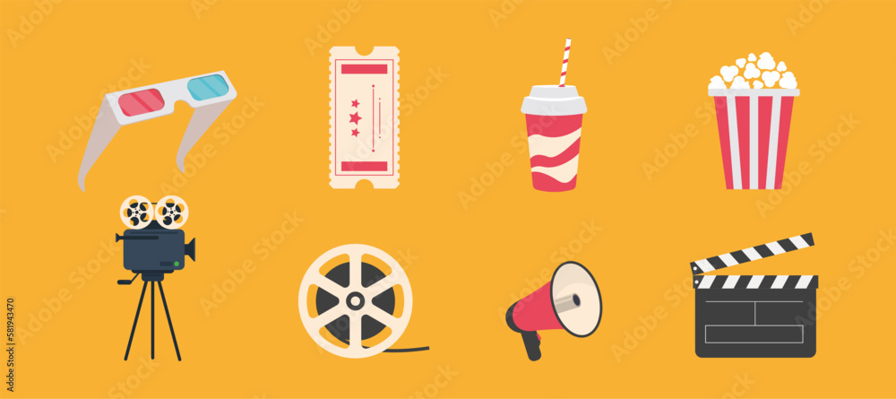 Cinema icon set line. Popcorn box package Big movie reel. Open clapper ...