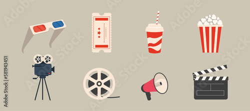 Cinema icon set line. Popcorn box package Big movie reel. Open clapper board. Ticket Admit one. Three star. Flat design style. Yellow background. Isolated. Vector illustration 10 eps.