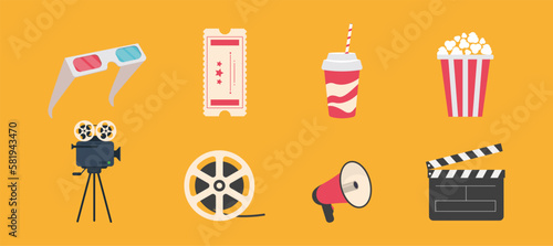Cinema icon set line. Popcorn box package Big movie reel. Open clapper board. Ticket Admit one. Three star. Flat design style. Yellow background. Isolated. Vector illustration.