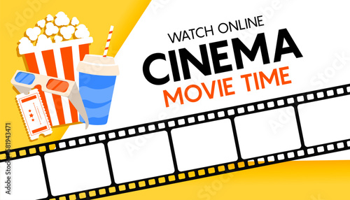 Online cinema art movie watching with popcorn, 3d glasses and film-strip cinematography concept. Realistic vector illustration 10 eps.