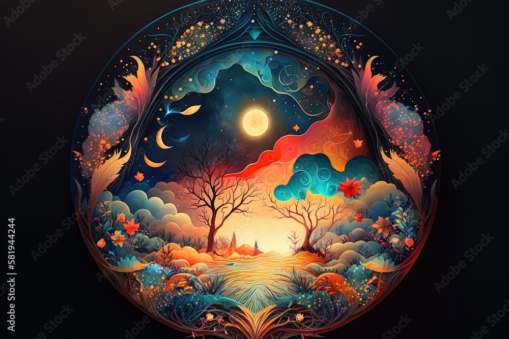 Naklejka premium Exploring Wonder and Magic: A Dreamy Fantasy Mandala Illustration Generative AI