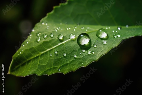 Large, lovely raindrop of translucent water macro on leaf of green. Dew drops in the morning glisten in the sun. Stunning natural leaf texture Background natural; copy space;. Generative AI