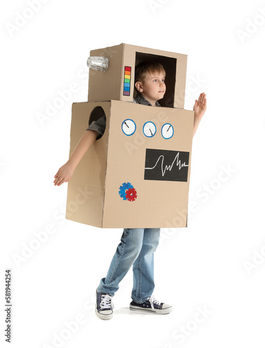 Little boy in cardboard rob...