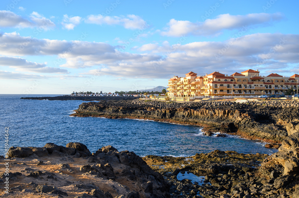 Winter vacation in sunny Caleta de Fuste touristic village on Fuerteventura, Canary islands, Spain