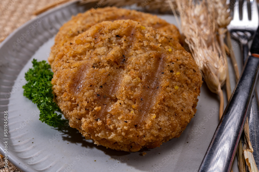 Source of fibre plant based vegan wheat protein grilled burgers, meat free healthy food close up Source of fibre plant based vegan wheat protein grilled burgers, meat free healthy food close up