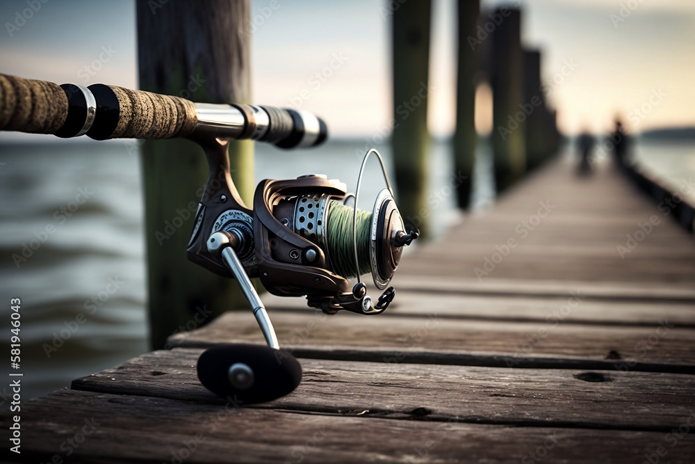 Close up of a Fishing rod and reel on the dock generative ai Stock