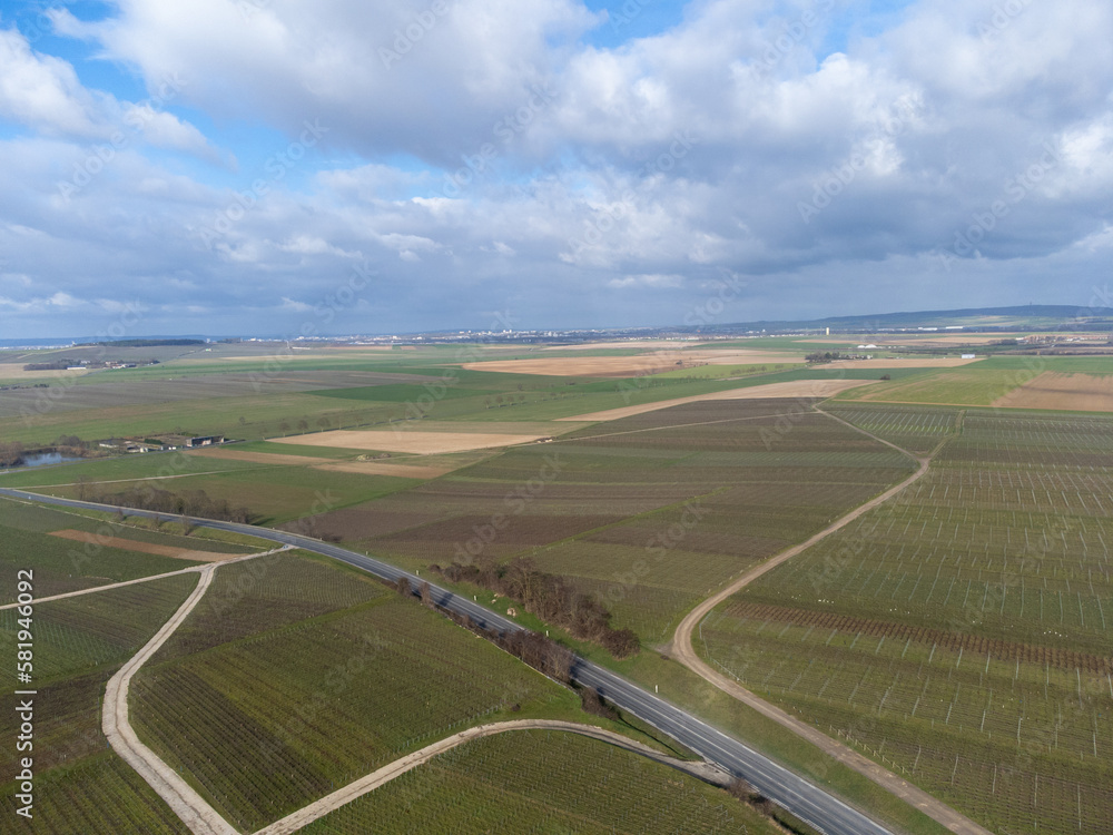 Aerial panoramic winter view on valley landscape, vineyards near Ludes premier cru champagne village, wine production in France