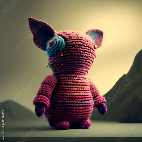 Cute, fantastic knitted figurines of aliens, creatures unknown to us.  generative AI	 photo