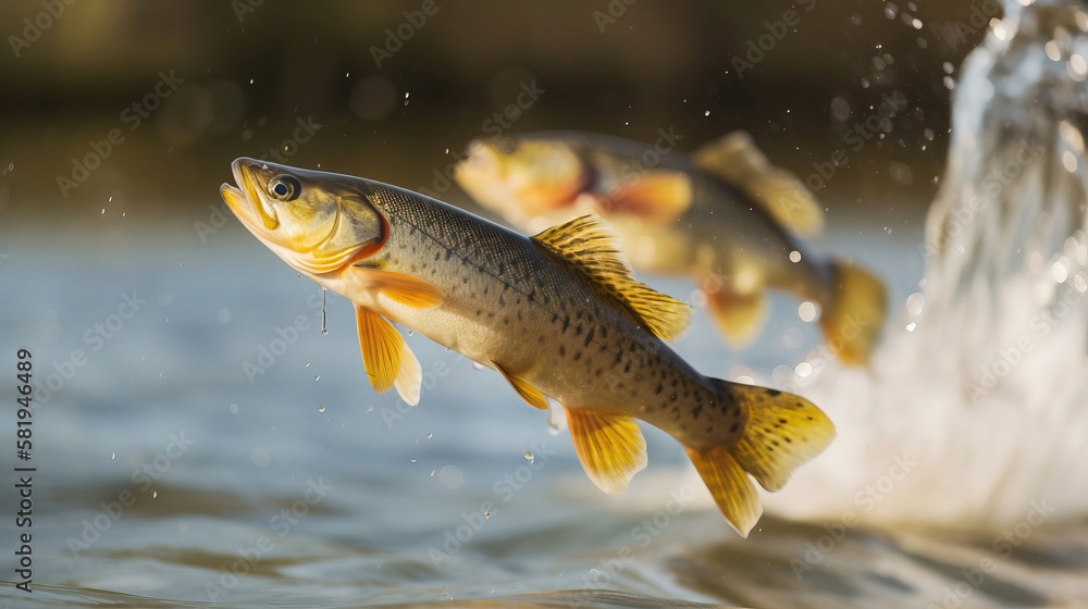 fish jumping out of river water. generative AI fish jumping out of river water. generative AI