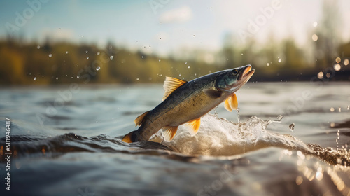 fish jumping out of river water. generative AI