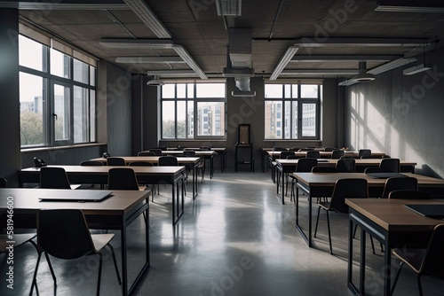 empty classroom modern with desks and chairs. Generative AI