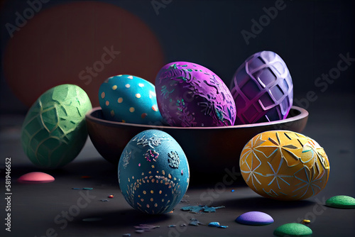 colorful easter eggs in a bowl with contros scattered around them on a dark background, as if you can'twi photo