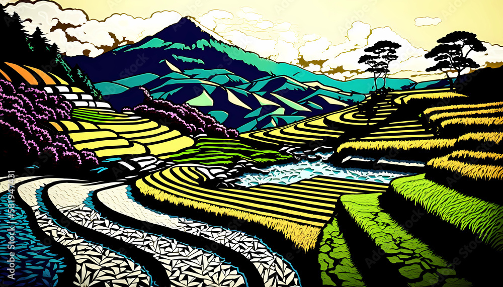Ukiyo-e woodblock print of a landscape depicting paddy fields. Highly colored. AI generated.