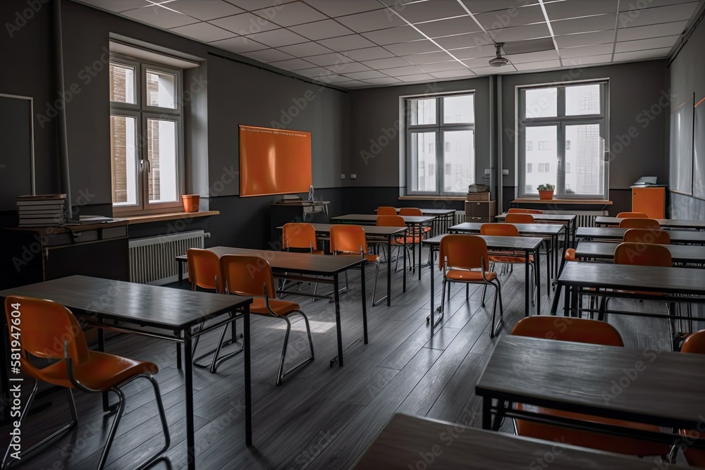 Empty classroom, orange. Generative AI