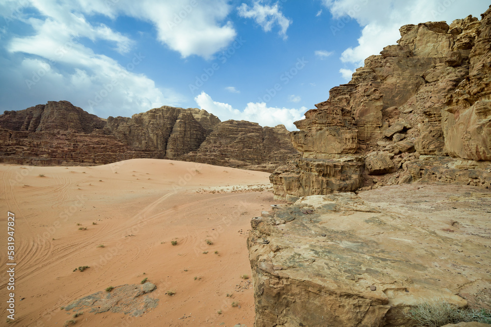 Sand dunes and rocky vista, Wadi Rum Reserve, Jordan Desert