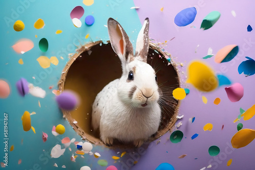 Rabbit tore a hole in a paper background, jumps out of a hole in a blue wall, fluffy eared rabbit, easter bunny banner, rabbit jumps out of a torn hole, Generative AI