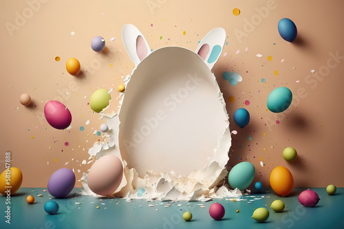 Bunny peeking out of a hole in blue wall, fluffy eared bunny easter bunny banner, rabbit jump out torn hole, Generative AI