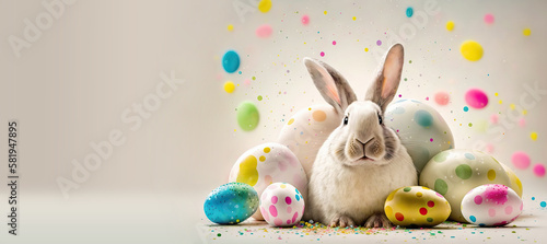Funny Rabbit easter banner, fluffy eared rabbit, banner with an Easter bunny and falling flying colored Easter eggs, Generative AI