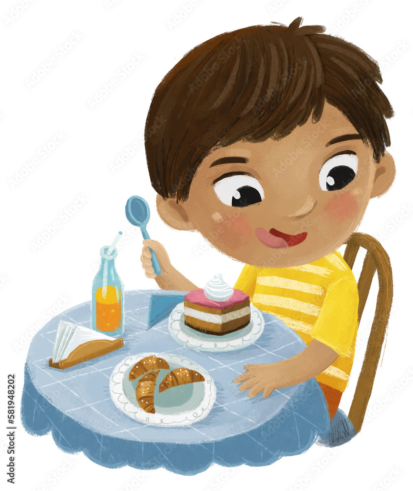 cartoon scene with boy eating tasty dessert illustration for kids