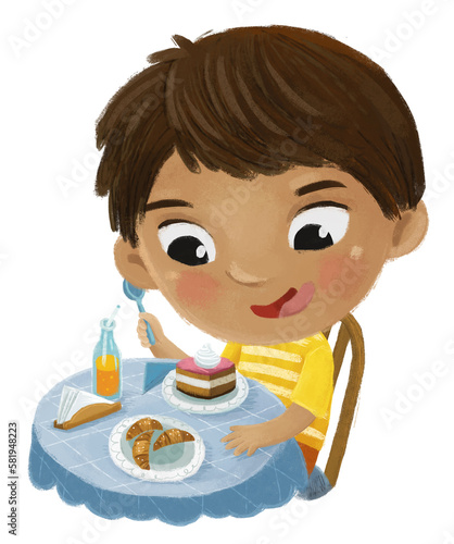 cartoon scene with boy eating tasty dessert illustration for kids