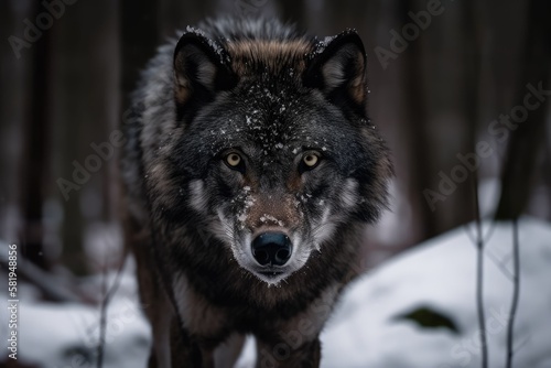 terrifying dark gray wolf (Canis lupus). Generative AI © AkuAku