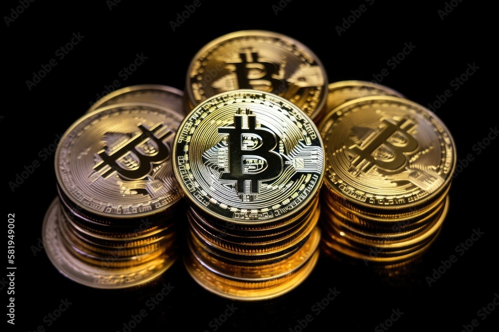 Golden Bitcoins in a photo (new virtual money ). Generative AI
