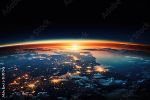 Incredible  gorgeously blue Earth with a stunning orange sunset as seen from space. Earth s horizon at sunrise with city lights at night in a deep starry sky. concept of life. Generative AI