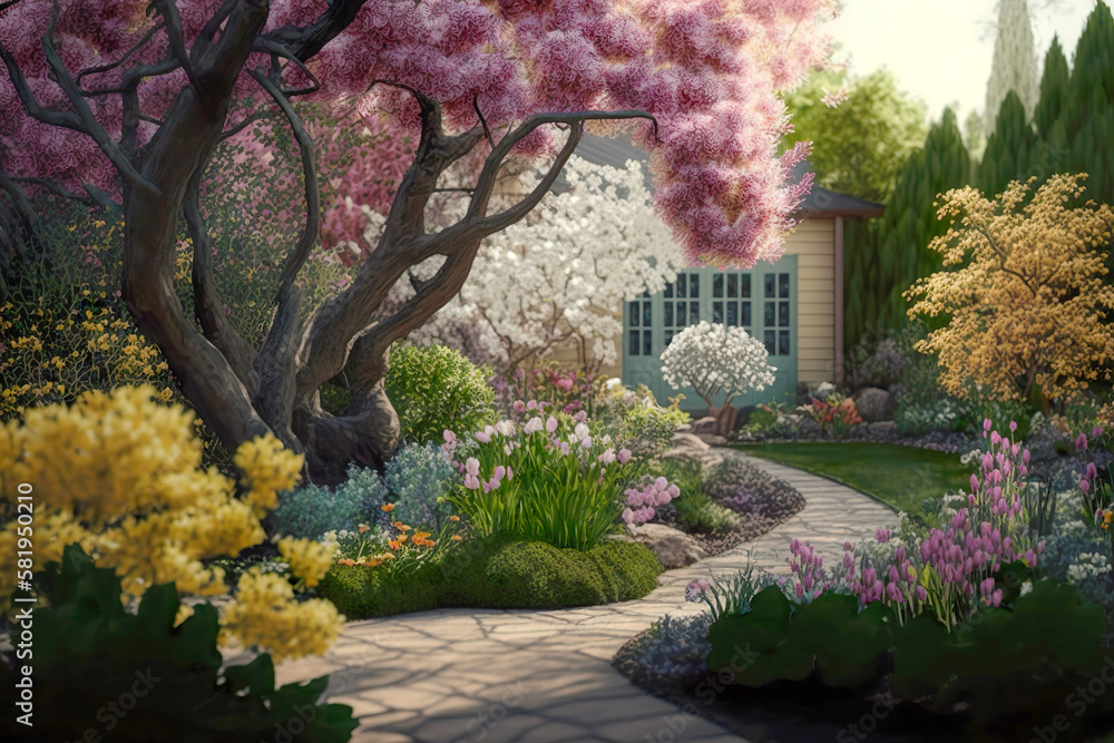 Ein wunderschöner Garten mit einem großen Kirschblütenbaum und vielen