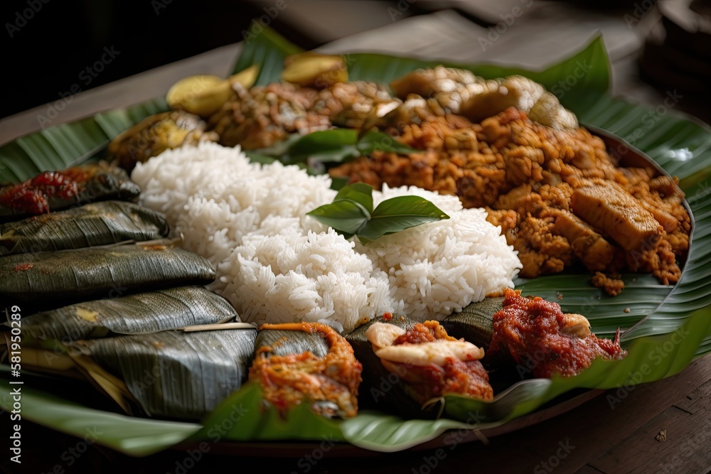 Indian fish platters are a popular non vegetarian dish from Mumbai, Konkan, Maharashtra, Goa, Bengal, and Kerala that are typically served on a banana leaf or on a steel plate. Generative AI - obrazy, fototapety, plakaty 